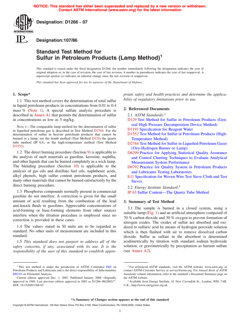 ASTM D1266-07 - Standard Test Method for Sulfur in Petroleum Products (Lamp Method)