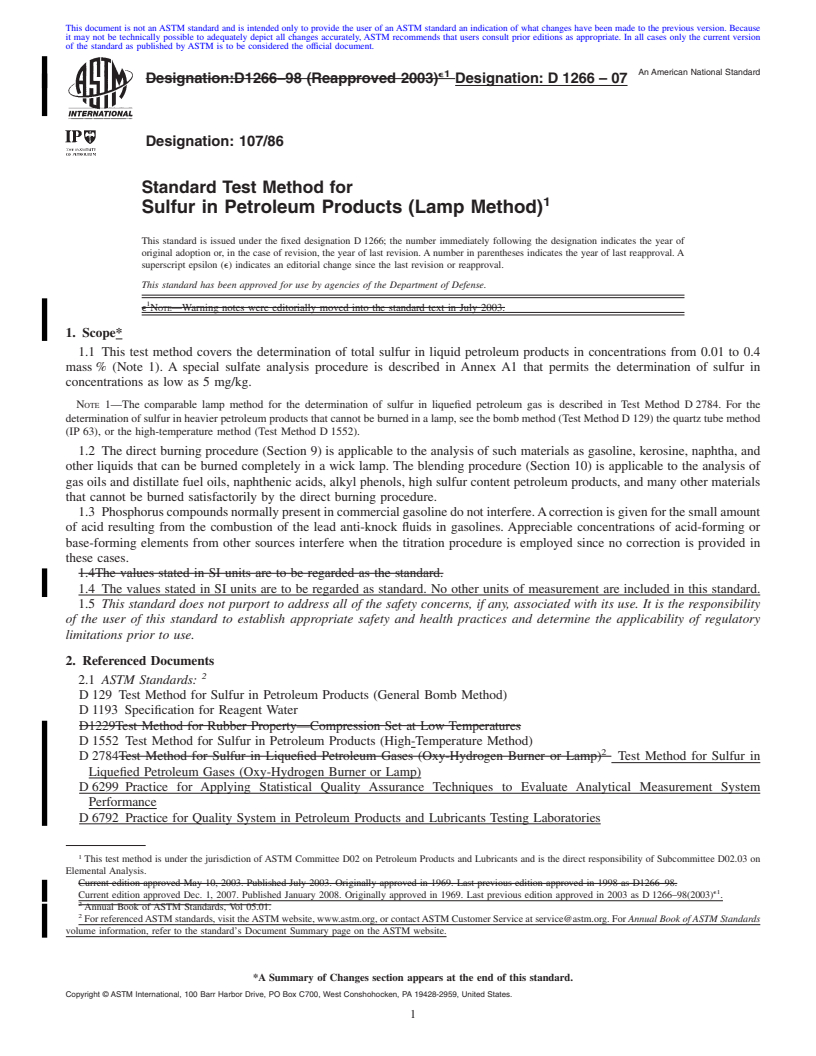 REDLINE ASTM D1266-07 - Standard Test Method for Sulfur in Petroleum Products (Lamp Method)