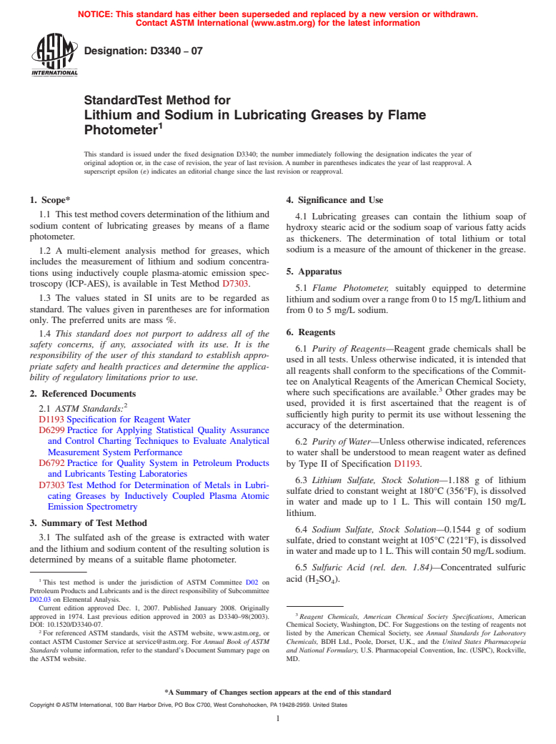 ASTM D3340-07 - Standard Test Method for Lithium and Sodium in Lubricating Greases by Flame Photometer (Withdrawn 2013)