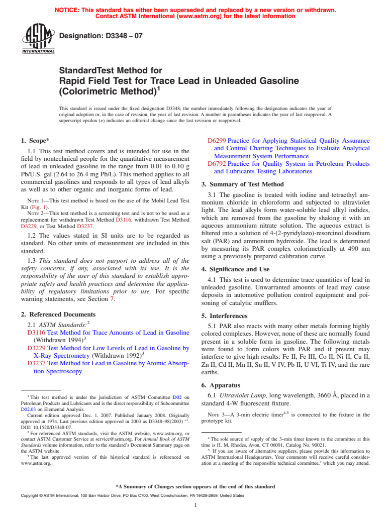 ASTM D3348-07 - Standard Test Method for Rapid Field Test for Trace Lead in Unleaded Gasoline (Colorimetric Method)