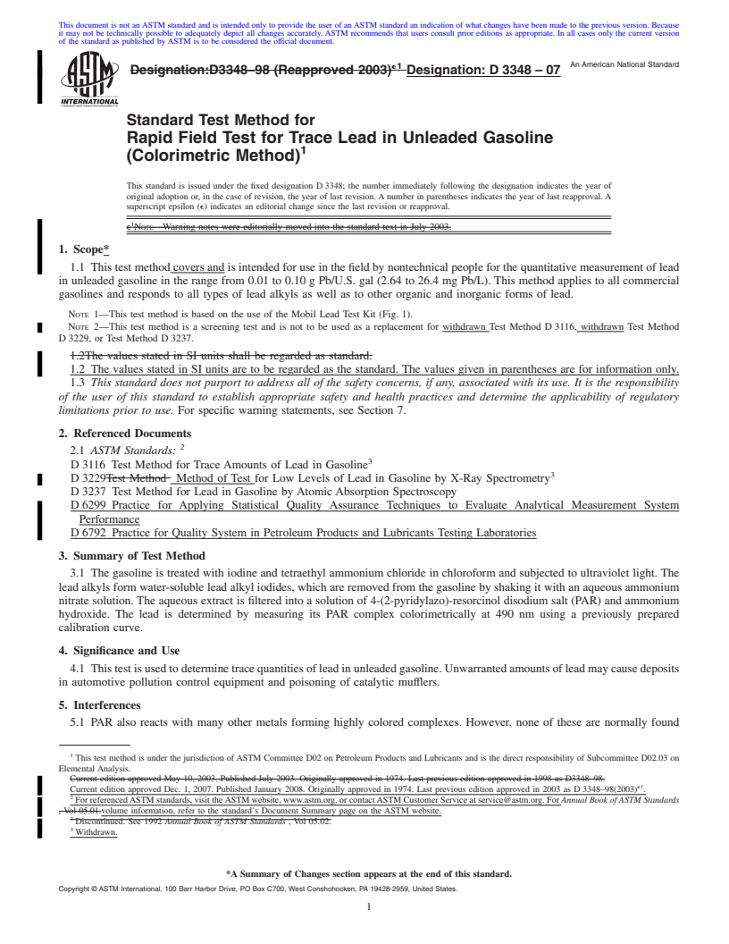 REDLINE ASTM D3348-07 - Standard Test Method for Rapid Field Test for Trace Lead in Unleaded Gasoline (Colorimetric Method)