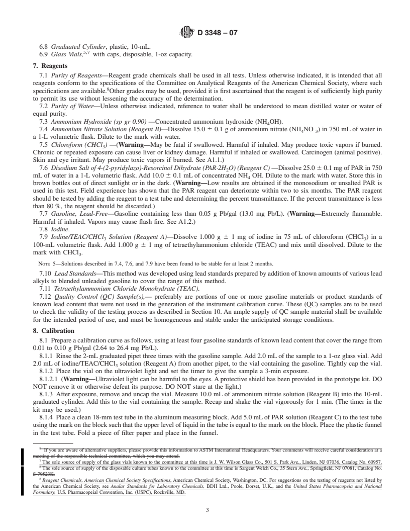 REDLINE ASTM D3348-07 - Standard Test Method for Rapid Field Test for Trace Lead in Unleaded Gasoline (Colorimetric Method)