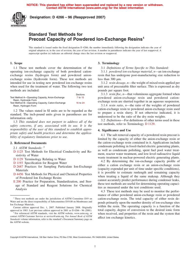 ASTM D4266-96(2007) - Standard Test Methods for  Precoat Capacity of Powdered Ion-Exchange Resins