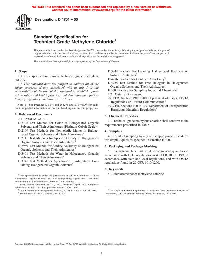 ASTM D4701-00 - Standard Specification for Technical Grade Methylene Chloride