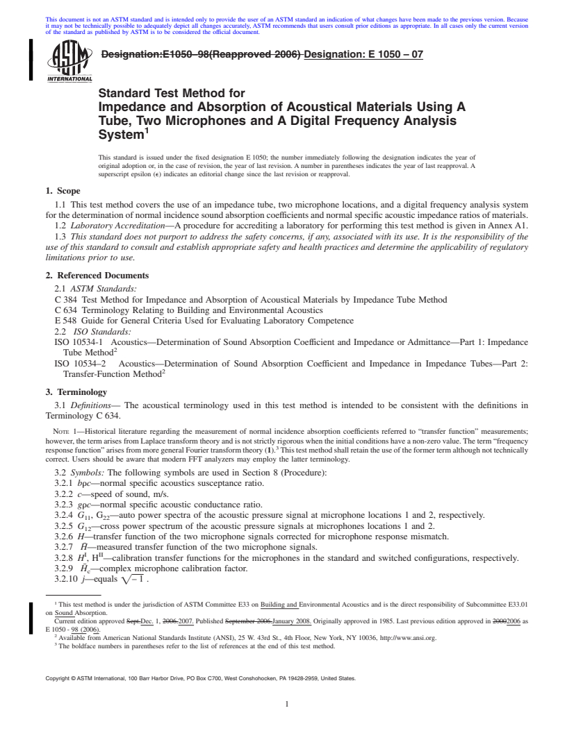 REDLINE ASTM E1050-07 - Standard Test Method for Impedance and Absorption of Acoustical Materials Using A Tube, Two Microphones and A Digital Frequency Analysis System