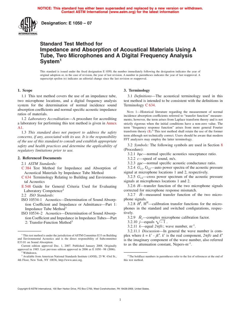 ASTM E1050-07 - Standard Test Method for Impedance and Absorption of Acoustical Materials Using A Tube, Two Microphones and A Digital Frequency Analysis System