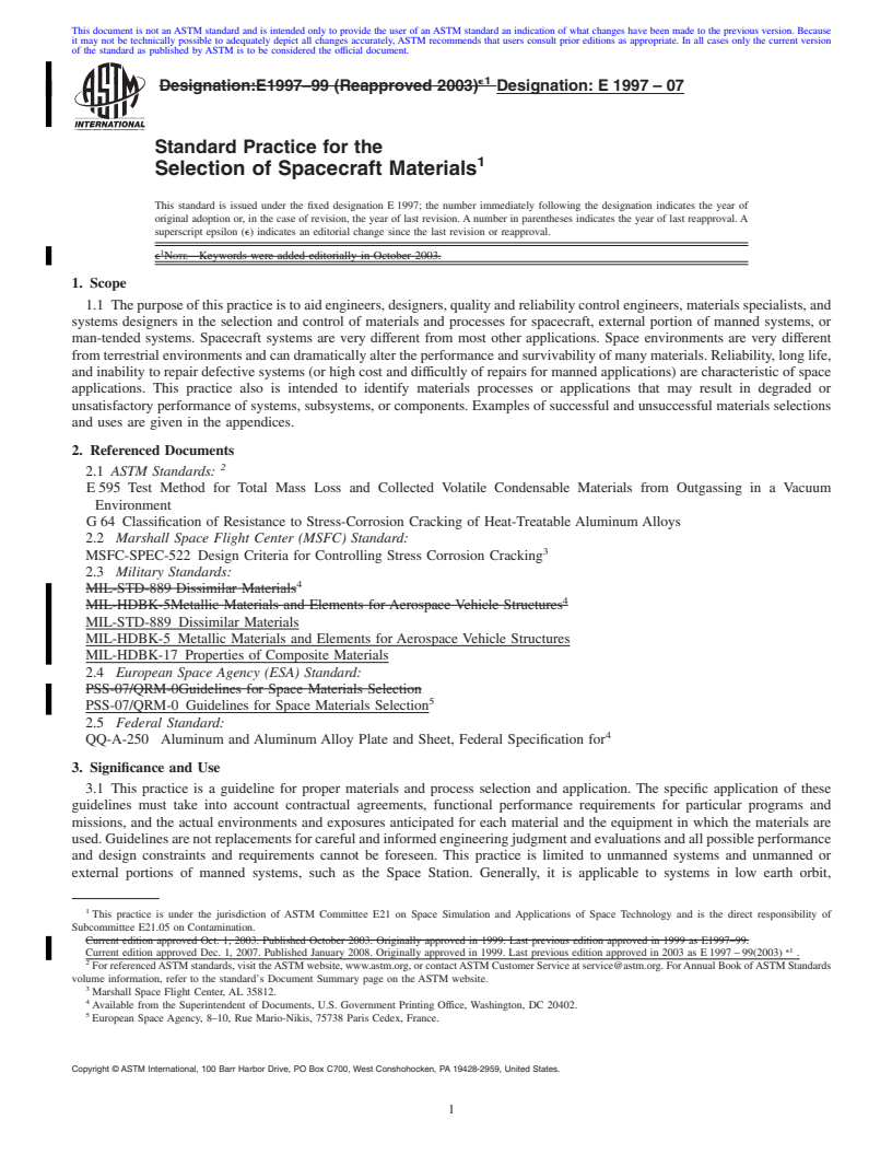 REDLINE ASTM E1997-07 - Standard Practice for the Selection of Spacecraft Materials