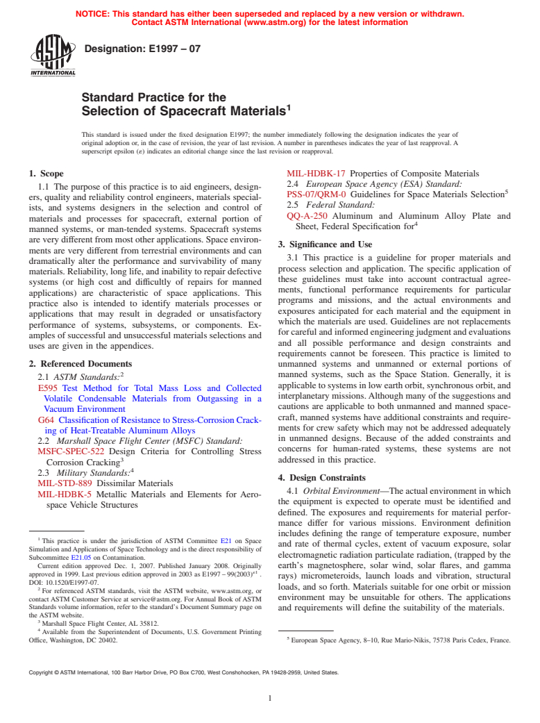 ASTM E1997-07 - Standard Practice for the Selection of Spacecraft Materials