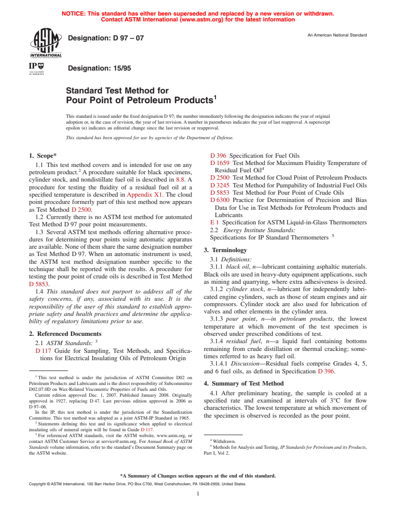 ASTM D97-07 - Standard Test Method for Pour Point of Petroleum Products