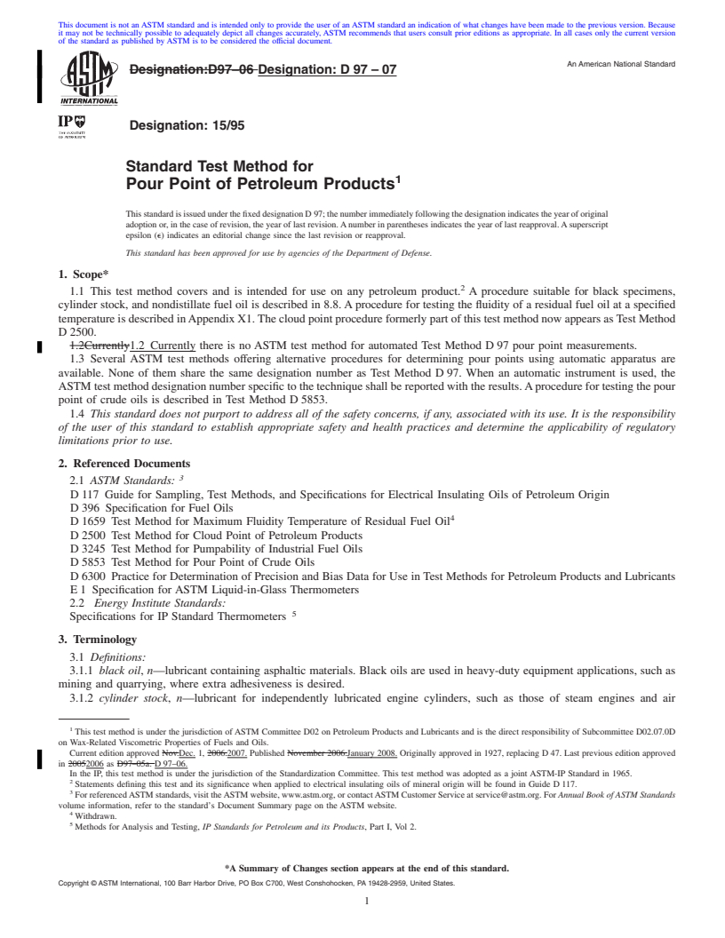 REDLINE ASTM D97-07 - Standard Test Method for Pour Point of Petroleum Products