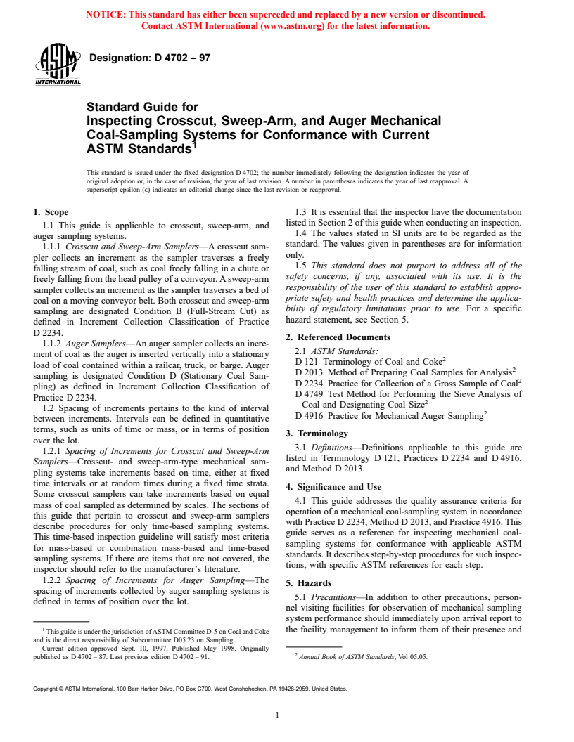 ASTM D4702-97 - Standard Guide for Inspecting Crosscut, Sweep-Arm, and Auger Mechanical Coal-Sampling Systems for Conformance with Current ASTM Standards