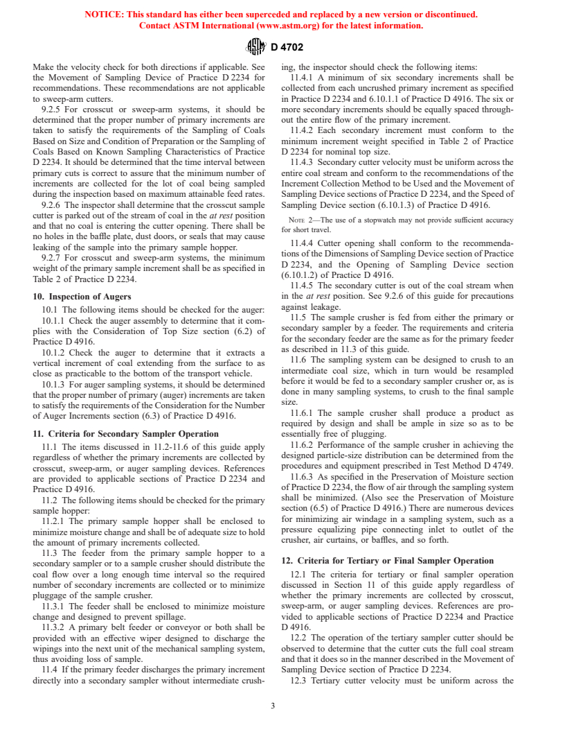 ASTM D4702-97 - Standard Guide for Inspecting Crosscut, Sweep-Arm, and Auger Mechanical Coal-Sampling Systems for Conformance with Current ASTM Standards