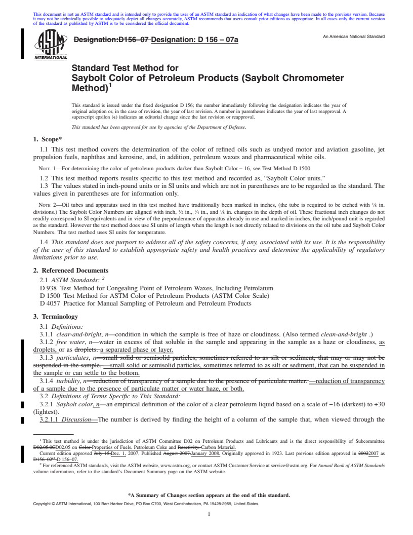 REDLINE ASTM D156-07a - Standard Test Method for Saybolt Color of Petroleum Products (Saybolt Chromometer Method)