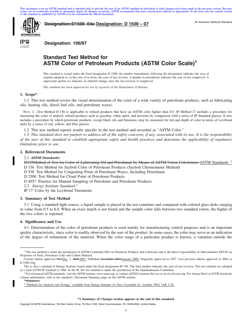 REDLINE ASTM D1500-07 - Standard Test Method for ASTM Color of Petroleum Products (ASTM Color Scale)