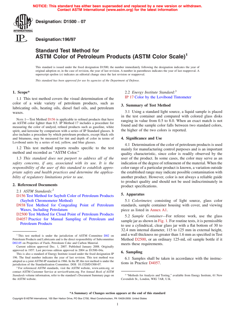 ASTM D1500-07 - Standard Test Method for ASTM Color of Petroleum Products (ASTM Color Scale)