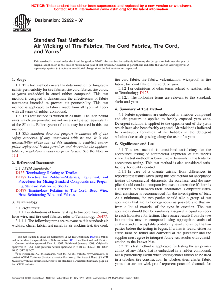 ASTM D2692-07 - Standard Test Method for Air Wicking of Tire Fabrics, Tire Cord Fabrics, Tire Cord, and Yarns