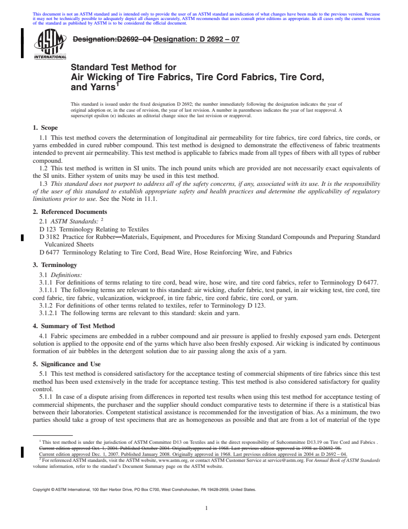 REDLINE ASTM D2692-07 - Standard Test Method for Air Wicking of Tire Fabrics, Tire Cord Fabrics, Tire Cord, and Yarns