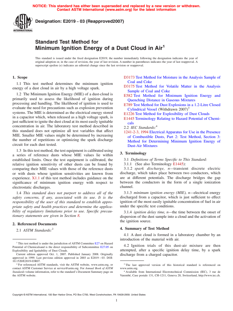 ASTM E2019-03(2007) - Standard Test Method for Minimum Ignition Energy of a Dust Cloud in Air