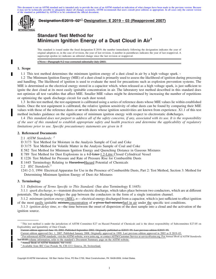 REDLINE ASTM E2019-03(2007) - Standard Test Method for Minimum Ignition Energy of a Dust Cloud in Air