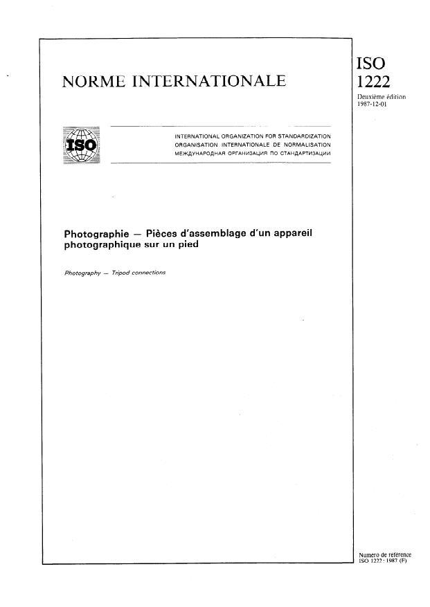 ISO 1222:1987 - Photographie -- Pieces d'assemblage d'un appareil photographique sur un pied