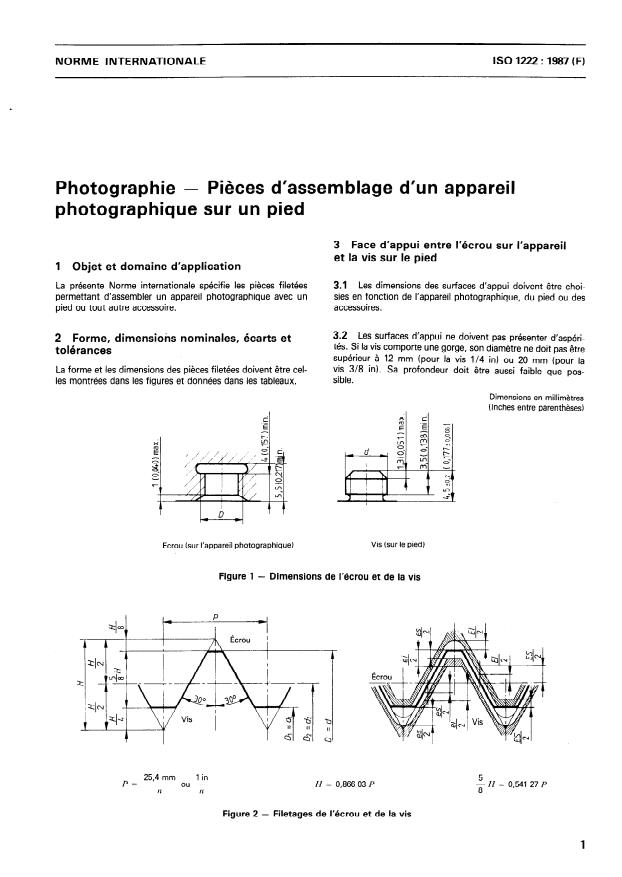 ISO 1222:1987 - Photographie -- Pieces d'assemblage d'un appareil photographique sur un pied