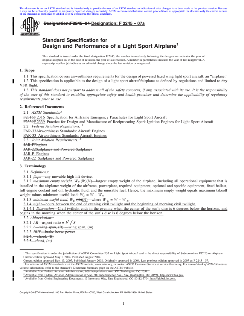 REDLINE ASTM F2245-07a - Standard Specification for Design and Performance of a Light Sport Airplane
