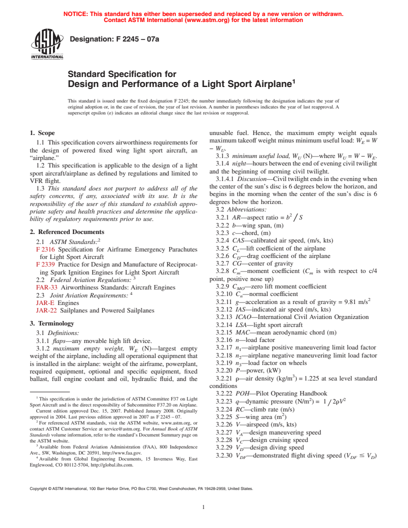 ASTM F2245-07a - Standard Specification for Design and Performance of a Light Sport Airplane