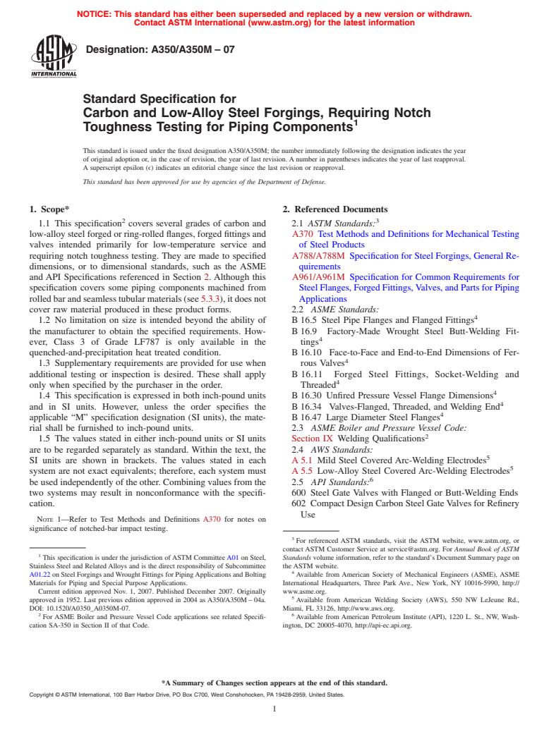 ASTM A350/A350M-07 - Standard Specification for Carbon and Low-Alloy Steel Forgings, Requiring Notch Toughness Testing for Piping Components