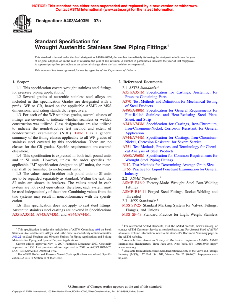 ASTM A403/A403M-07a - Standard Specification for Wrought Austenitic Stainless Steel Piping Fittings