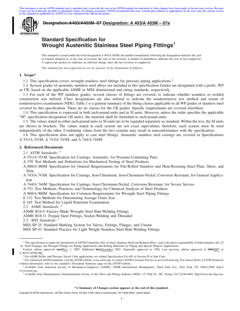 REDLINE ASTM A403/A403M-07a - Standard Specification for Wrought Austenitic Stainless Steel Piping Fittings