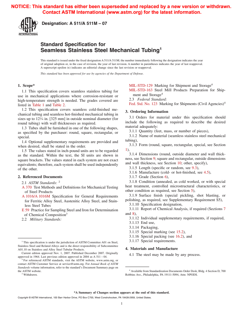 ASTM A511/A511M-07 - Standard Specification for Seamless Stainless Steel Mechanical Tubing