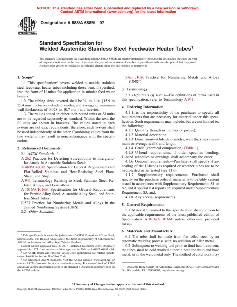 ASTM A688/A688M-07 - Standard Specification for Welded Austenitic Stainless Steel Feedwater Heater Tubes