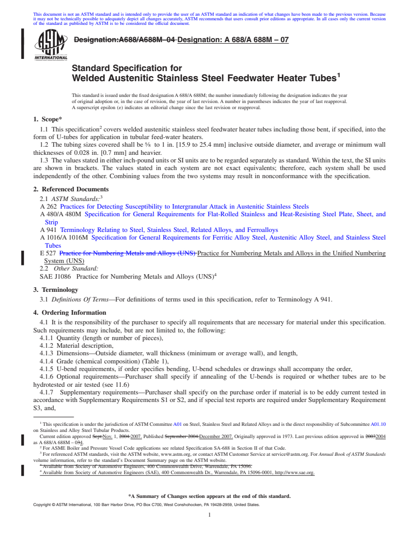 REDLINE ASTM A688/A688M-07 - Standard Specification for Welded Austenitic Stainless Steel Feedwater Heater Tubes