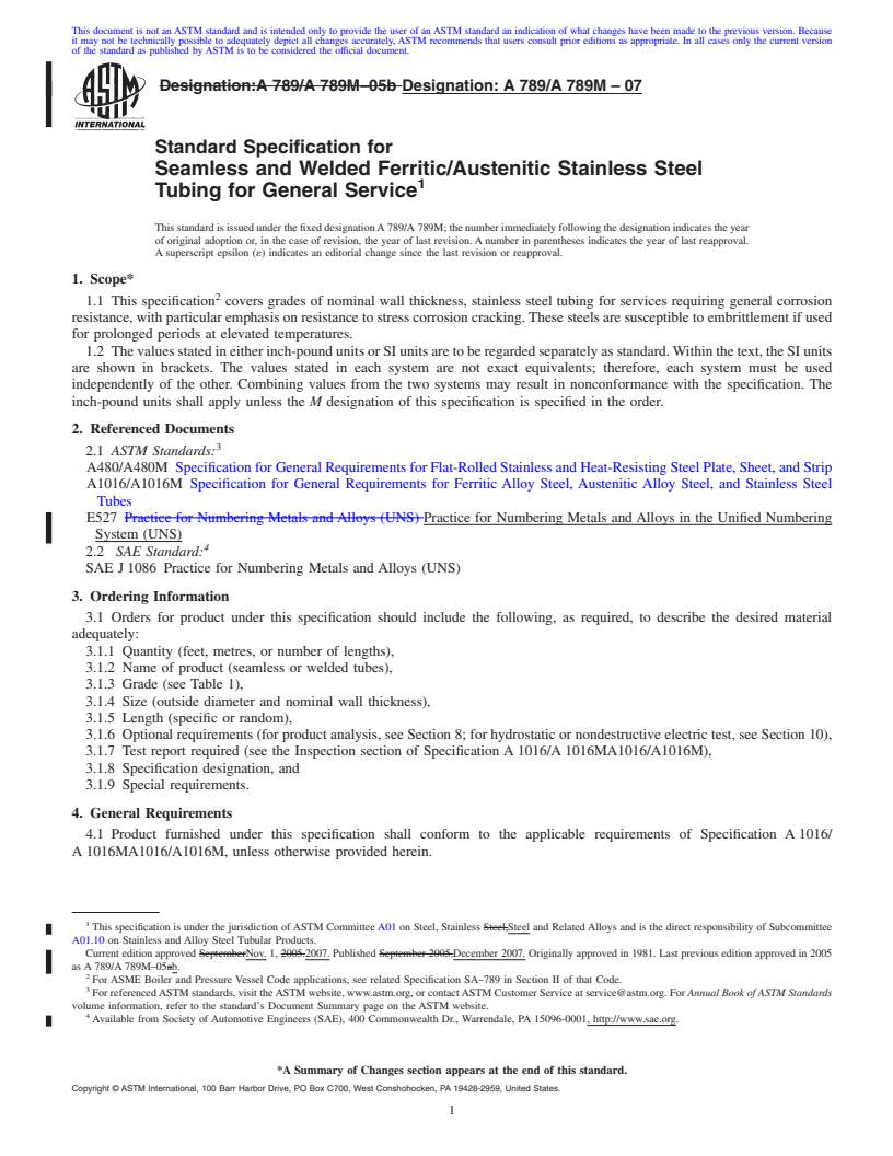 REDLINE ASTM A789/A789M-07 - Standard Specification for Seamless and Welded Ferritic/Austenitic Stainless Steel Tubing for General Service