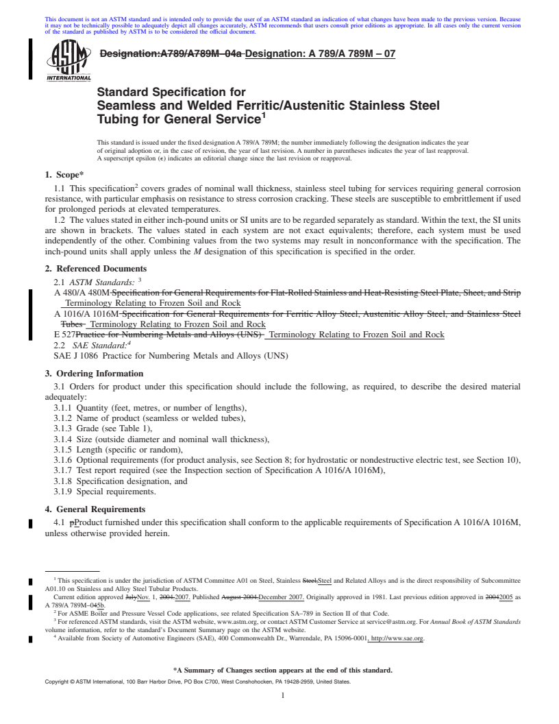 REDLINE ASTM A789/A789M-07 - Standard Specification for Seamless and Welded Ferritic/Austenitic Stainless Steel Tubing for General Service