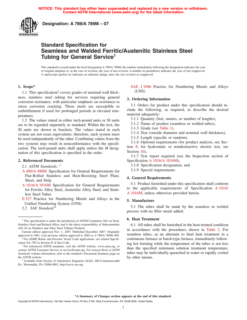 ASTM A789/A789M-07 - Standard Specification for Seamless and Welded Ferritic/Austenitic Stainless Steel Tubing for General Service