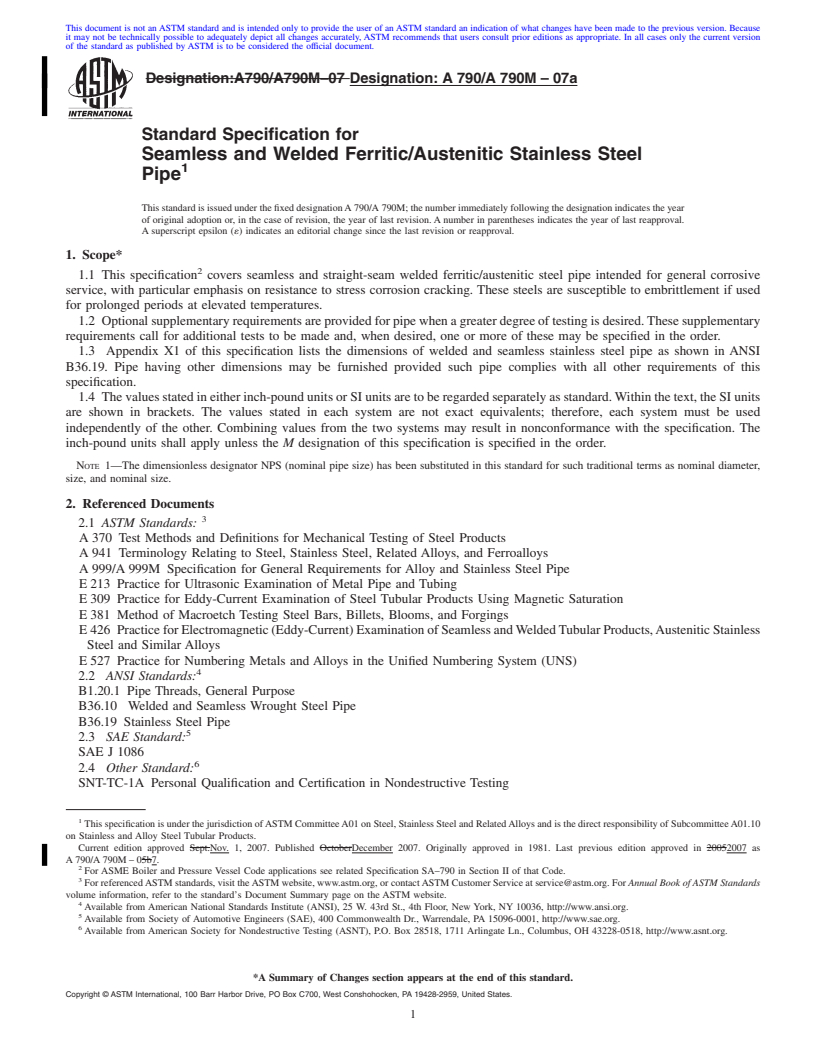 REDLINE ASTM A790/A790M-07a - Standard Specification for Seamless and Welded Ferritic/Austenitic Stainless Steel Pipe