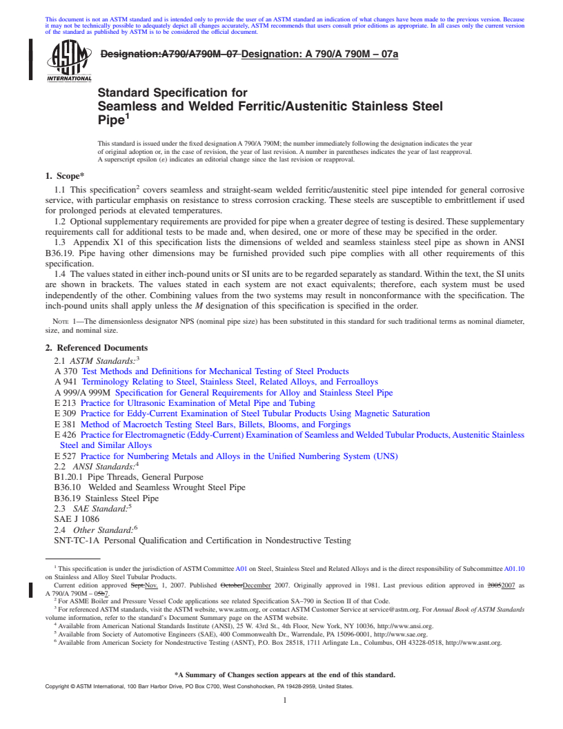 REDLINE ASTM A790/A790M-07a - Standard Specification for Seamless and Welded Ferritic/Austenitic Stainless Steel Pipe