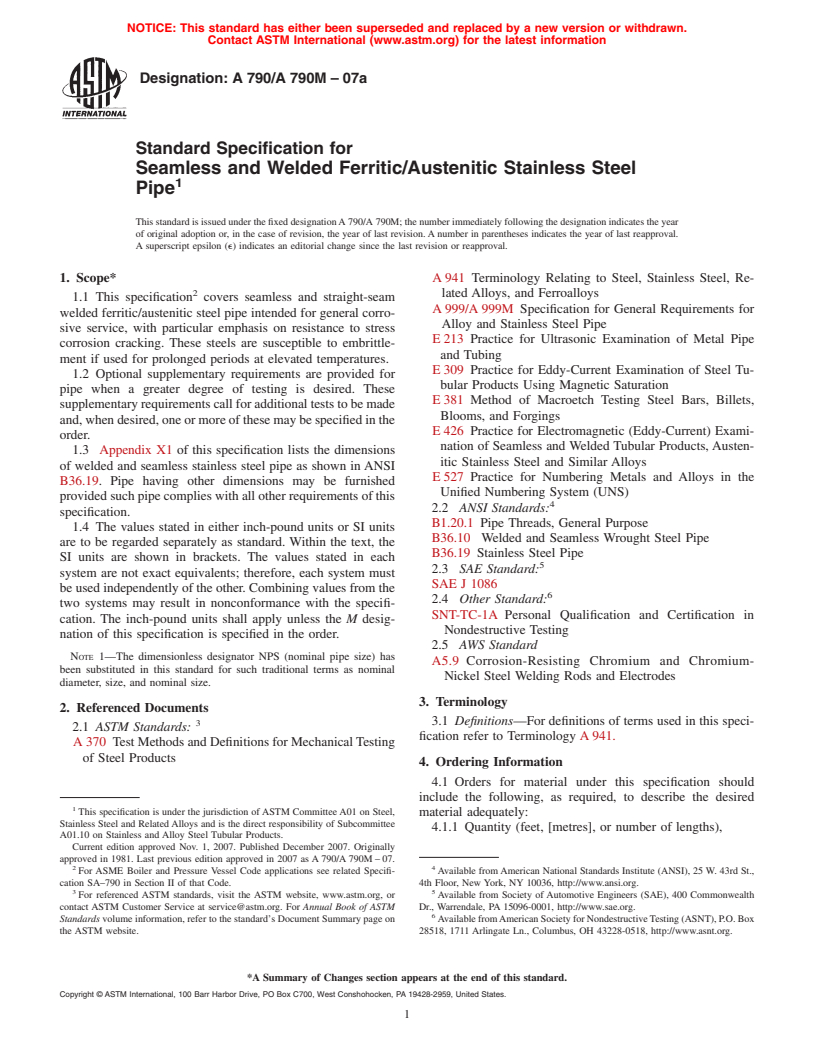 ASTM A790/A790M-07a - Standard Specification for Seamless and Welded Ferritic/Austenitic Stainless Steel Pipe