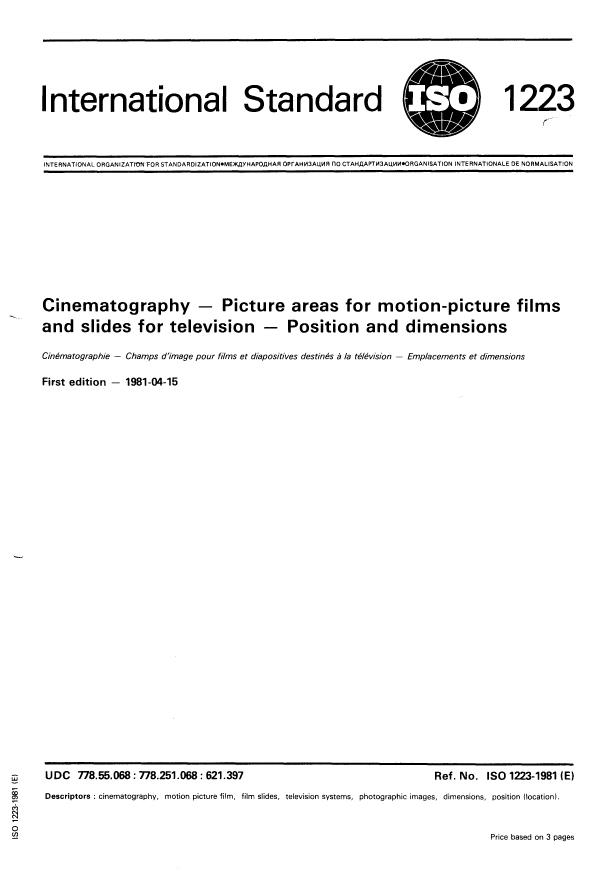 ISO 1223:1981 - Cinematography -- Picture areas for motion-picture films and slides for television -- Position and dimensions