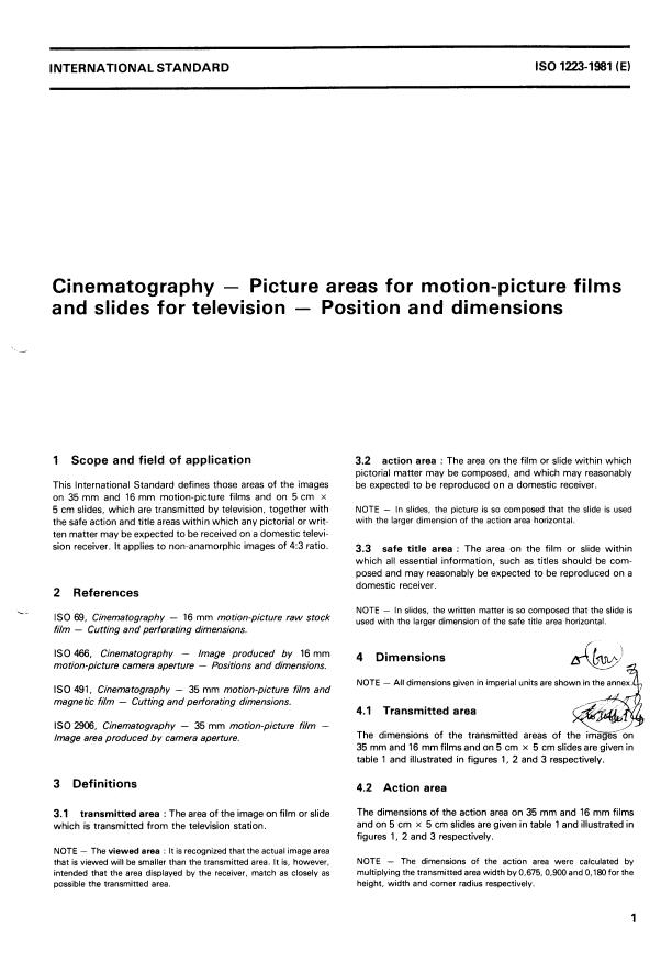 ISO 1223:1981 - Cinematography -- Picture areas for motion-picture films and slides for television -- Position and dimensions