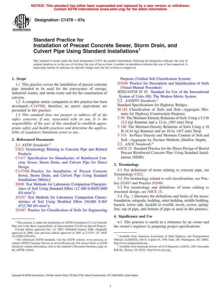 ASTM C1479-07a - Standard Practice for Installation of Precast Concrete Sewer, Storm Drain, and Culvert Pipe Using Standard Installations