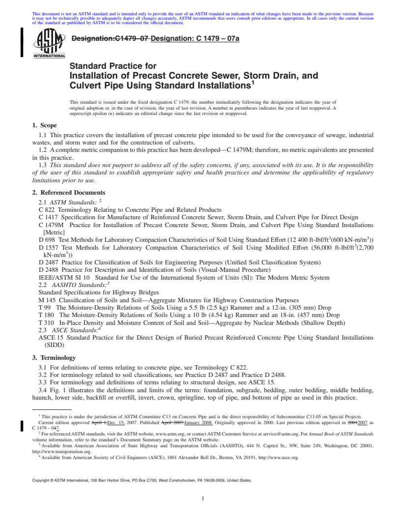 REDLINE ASTM C1479-07a - Standard Practice for Installation of Precast Concrete Sewer, Storm Drain, and Culvert Pipe Using Standard Installations