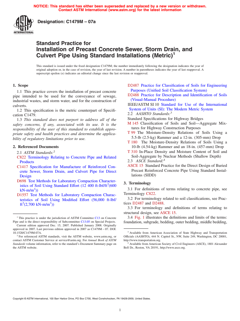 ASTM C1479M-07a - Standard Practice for Installation of Precast Concrete Sewer, Storm Drain, and Culvert Pipe Using Standard Installations (Metric)