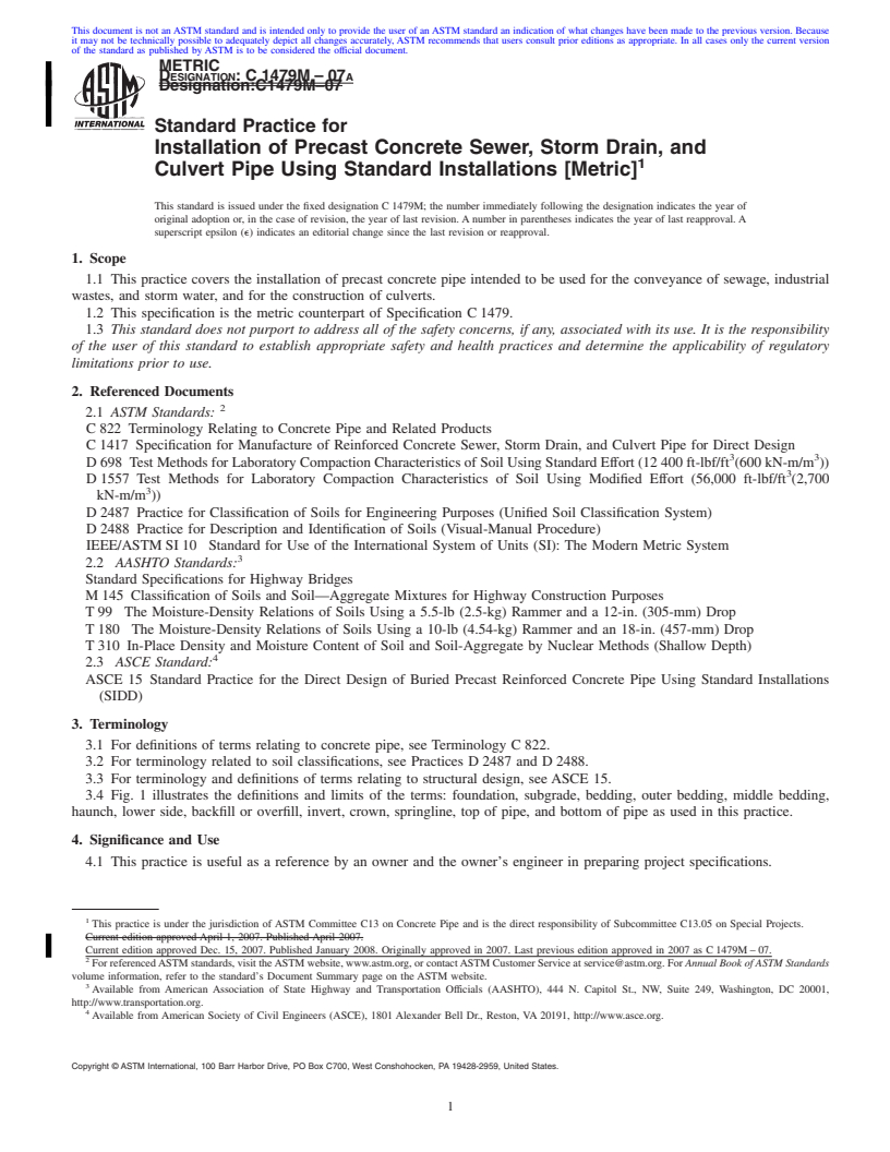 REDLINE ASTM C1479M-07a - Standard Practice for Installation of Precast Concrete Sewer, Storm Drain, and Culvert Pipe Using Standard Installations (Metric)