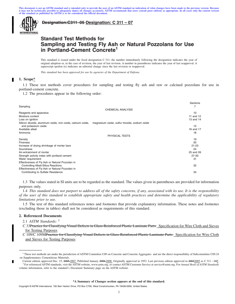 REDLINE ASTM C311-07 - Standard Test Methods for  Sampling and Testing Fly Ash or Natural Pozzolans for Use in Portland-Cement  Concrete