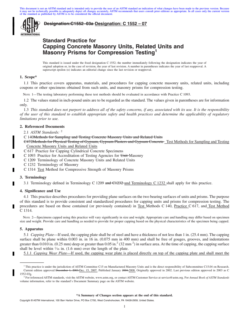 REDLINE ASTM C1552-07 - Standard Practice for Capping Concrete Masonry Units, Related Units and Masonry Prisms for Compression Testing