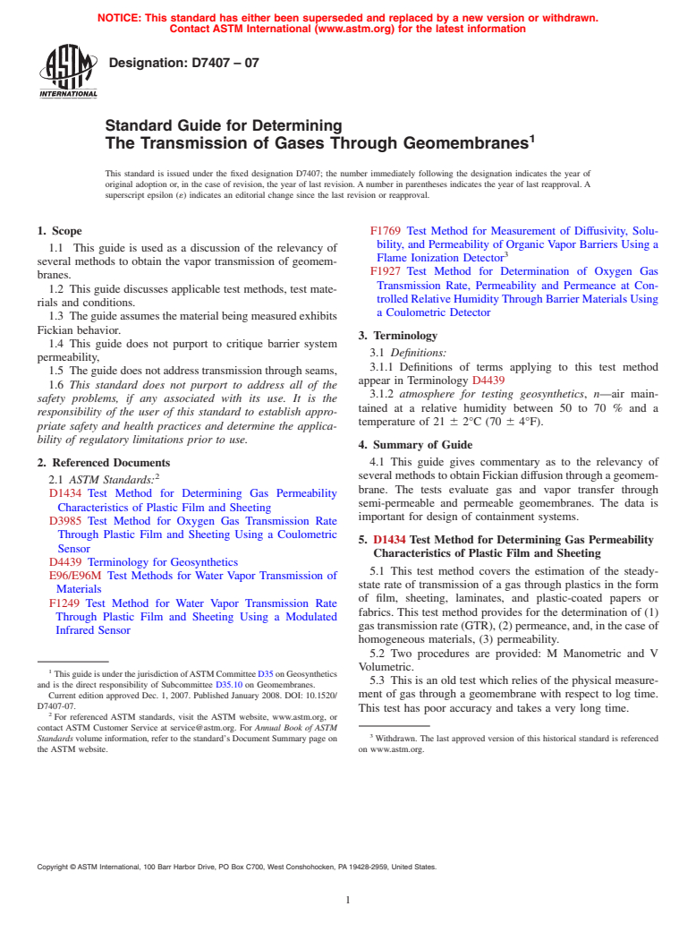 ASTM D7407-07 - Standard Guide for Determining  The Transmission of Gases Through Geomembranes