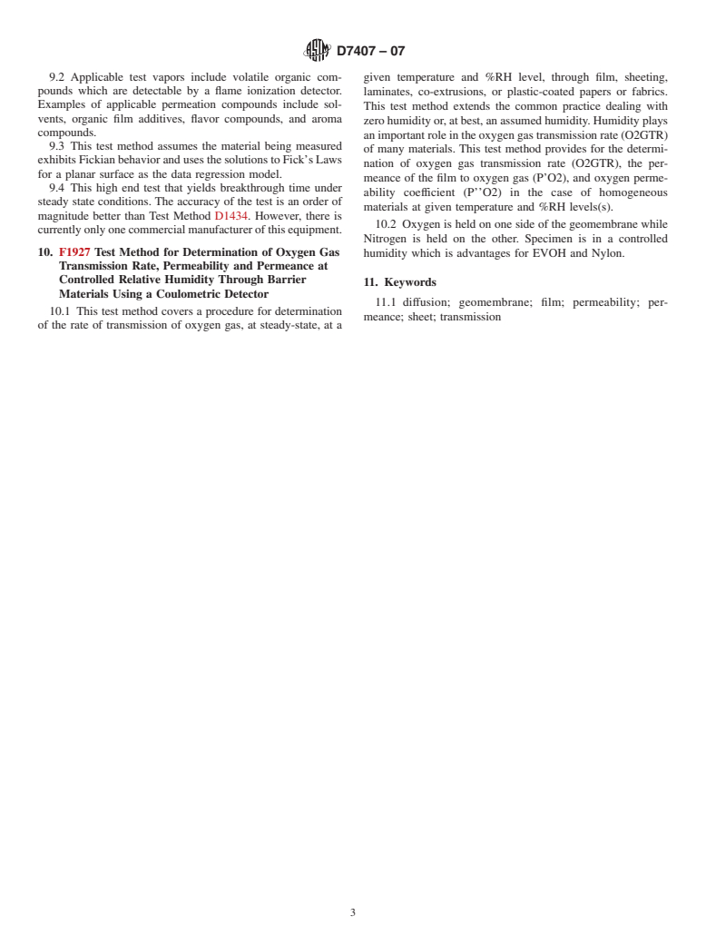 ASTM D7407-07 - Standard Guide for Determining  The Transmission of Gases Through Geomembranes