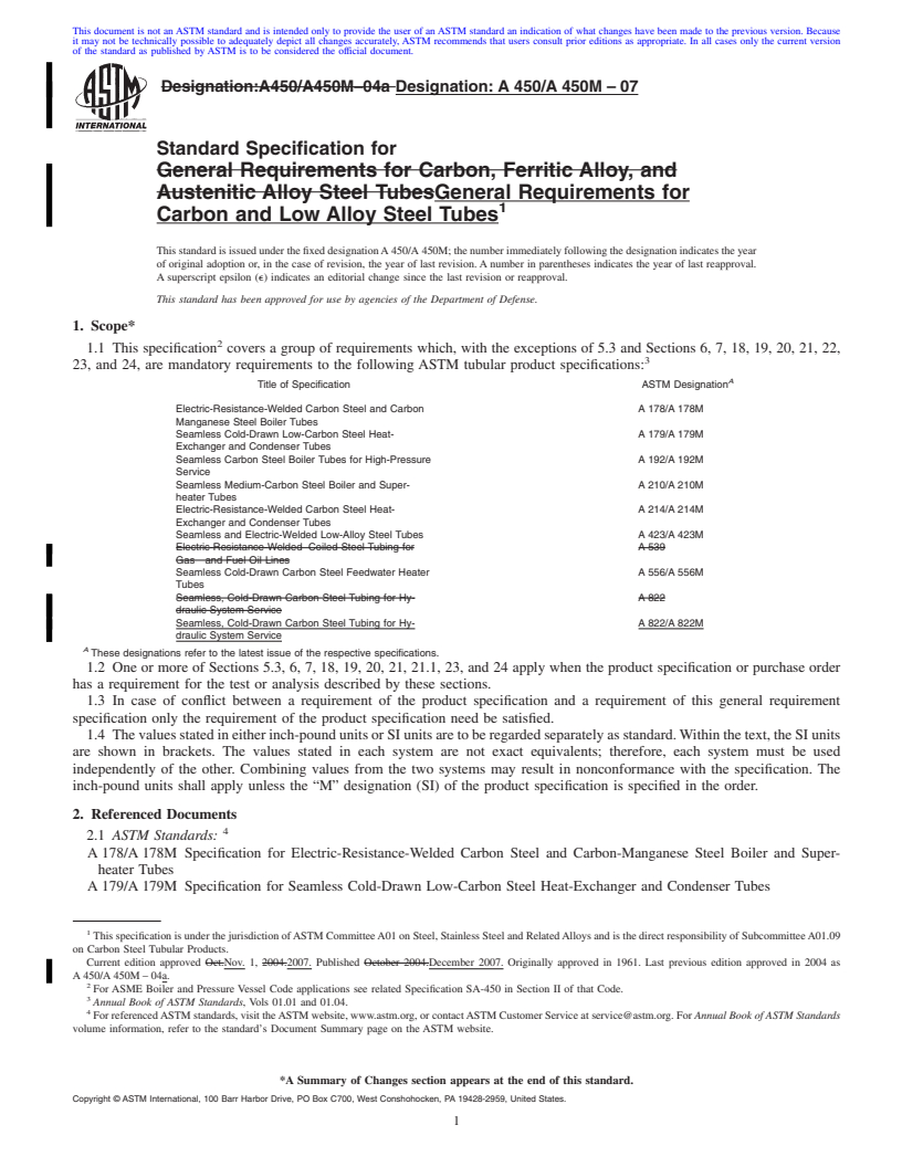 REDLINE ASTM A450/A450M-07 - Standard Specification for General Requirements for Carbon and Low Alloy Steel Tubes